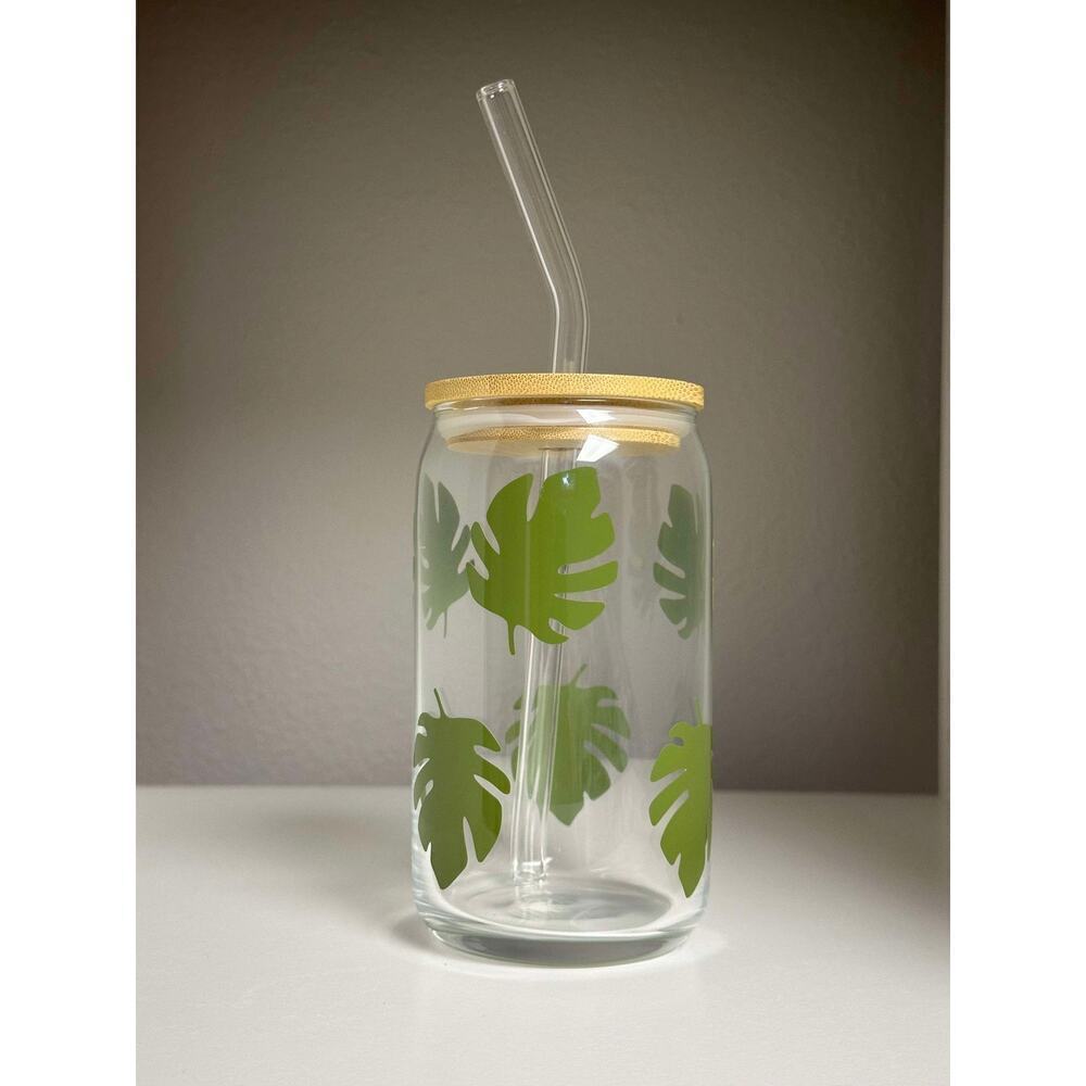 Monstera | Boho Glass Can with Bamboo Lid and Glass Straw 16oz